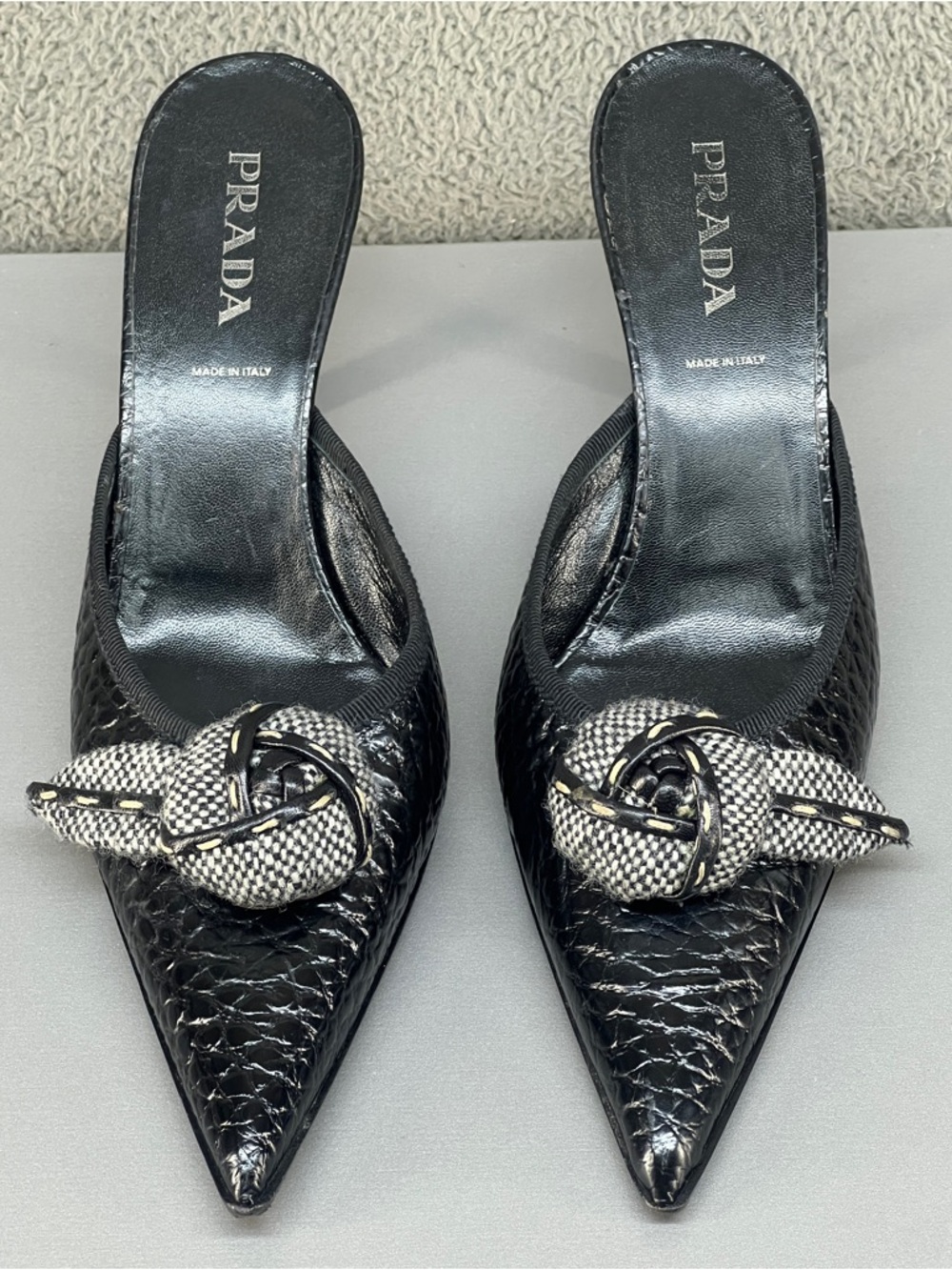 Prada Black Pointed-Toe Leather Mules with Knotted Textile Accent - Picture 2 of 14